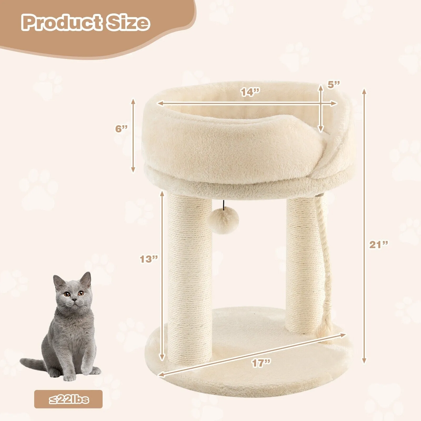 21" Cat Tree with Scratching Posts - Beige