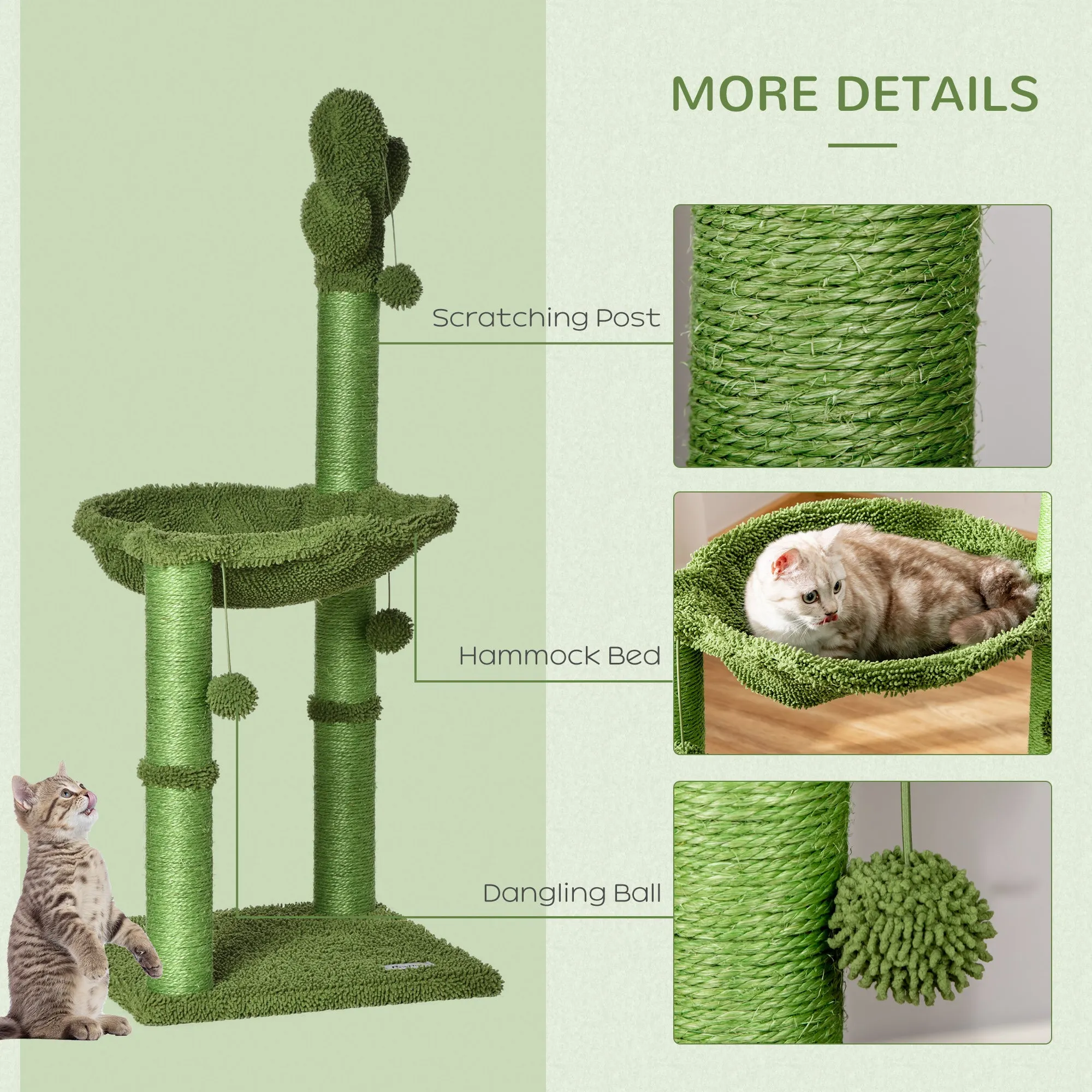 Cat Tower Kitten Activity Center Cactus Shape with Scratching Post Hammock Bed Dangling Ball Toy