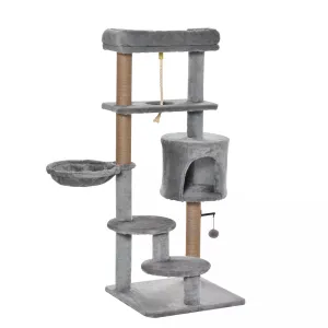 Cat Tree Cat Scratching Post 120cm with Jute Scratching Post Perch Hanging Ball Hammock Teasing Rope Condo Toy Grey