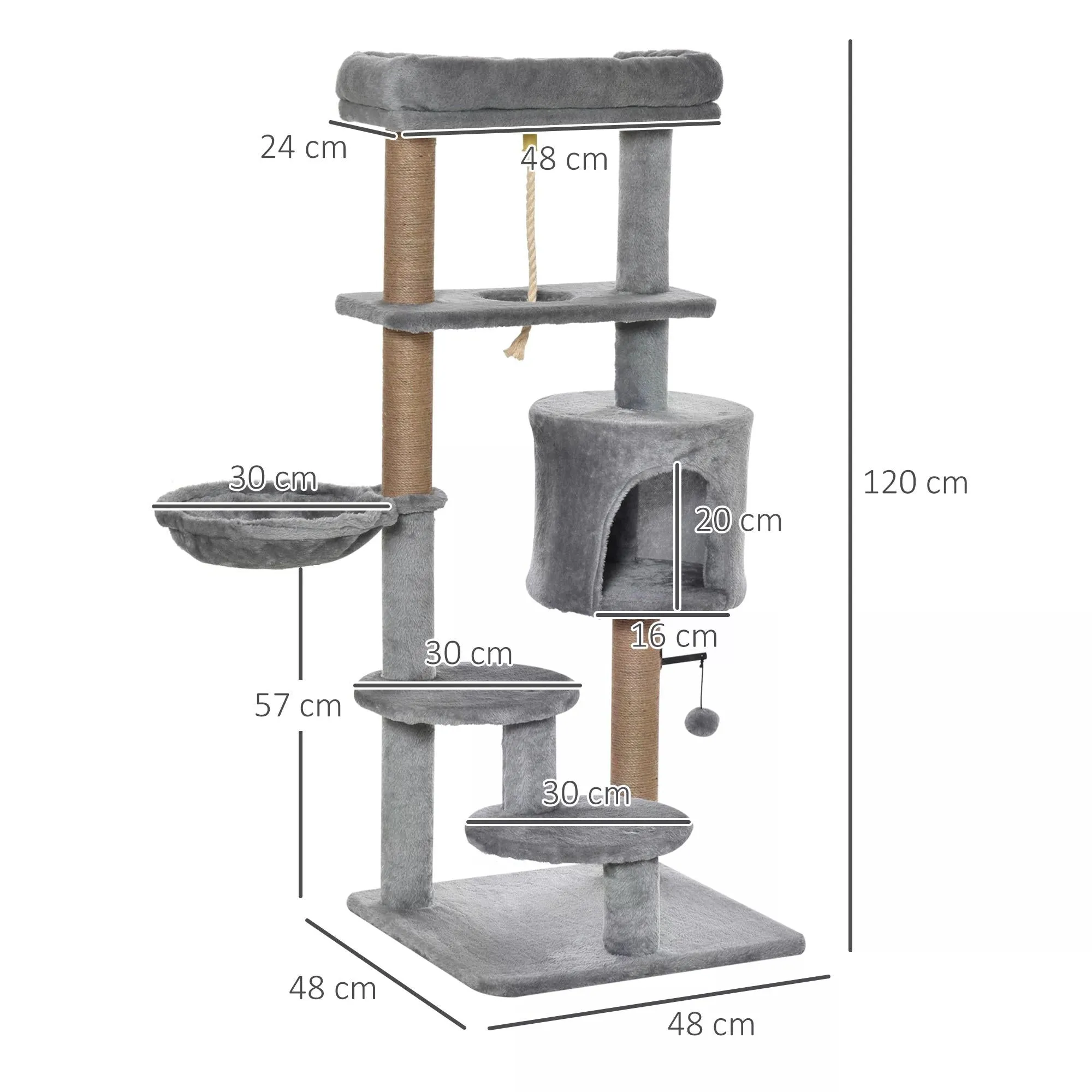 Cat Tree Cat Scratching Post 120cm with Jute Scratching Post Perch Hanging Ball Hammock Teasing Rope Condo Toy Grey