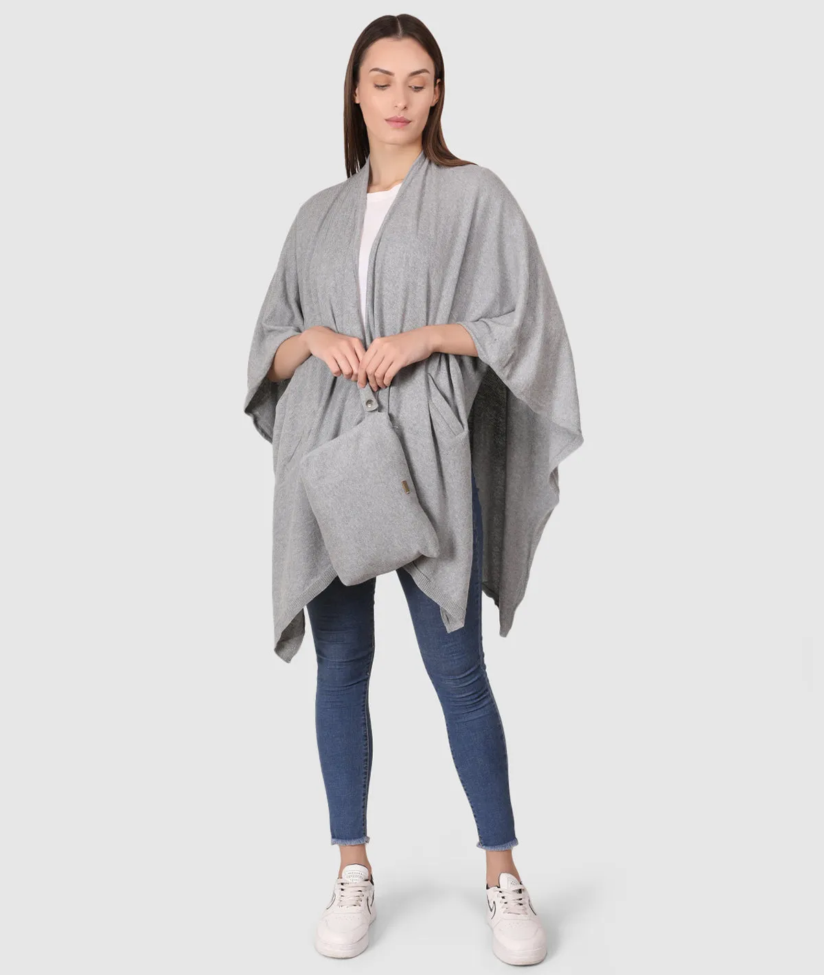 Classic Travel cape Wrap - Organic Cotton Knitted Light Weight Wrap in Pouch (Light Grey Melange )