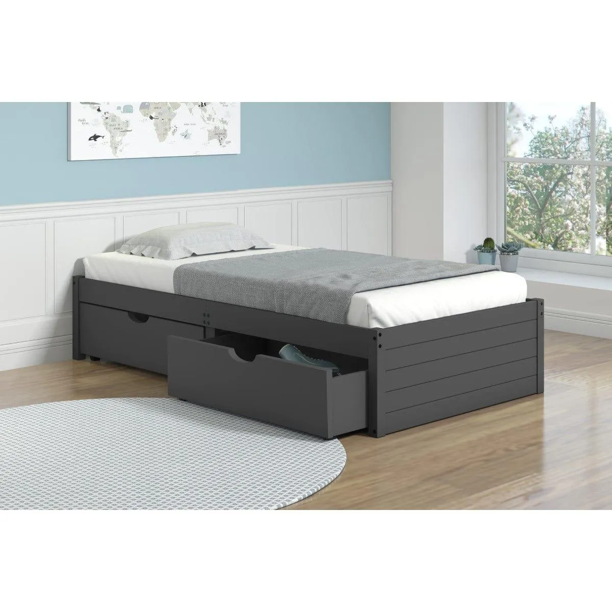 Donco Platform Twin Bed with Dual Drawers In Dark Gray