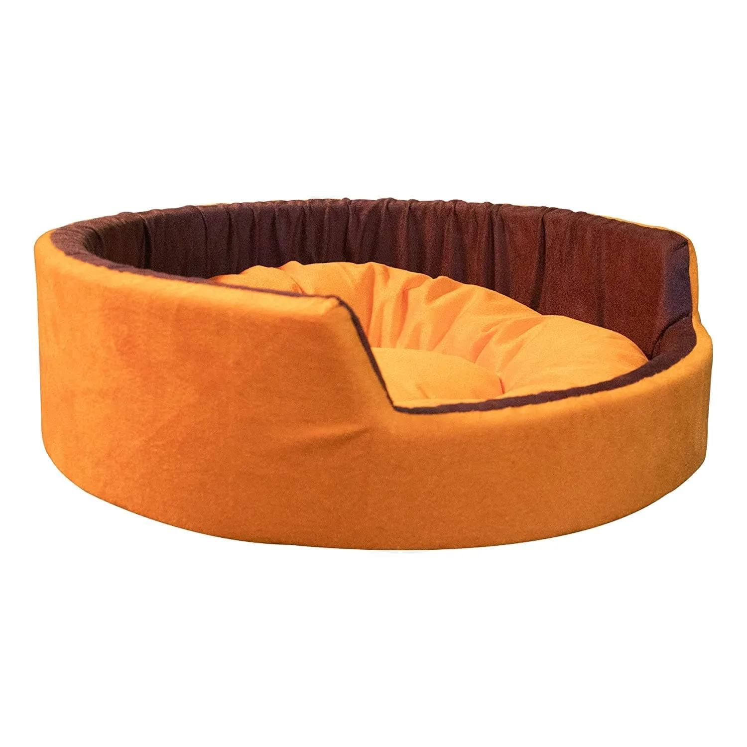 Hiputee Luxurious Round Velvet Dual Colour Bed for Dogs and Cats (Orange & Brown)