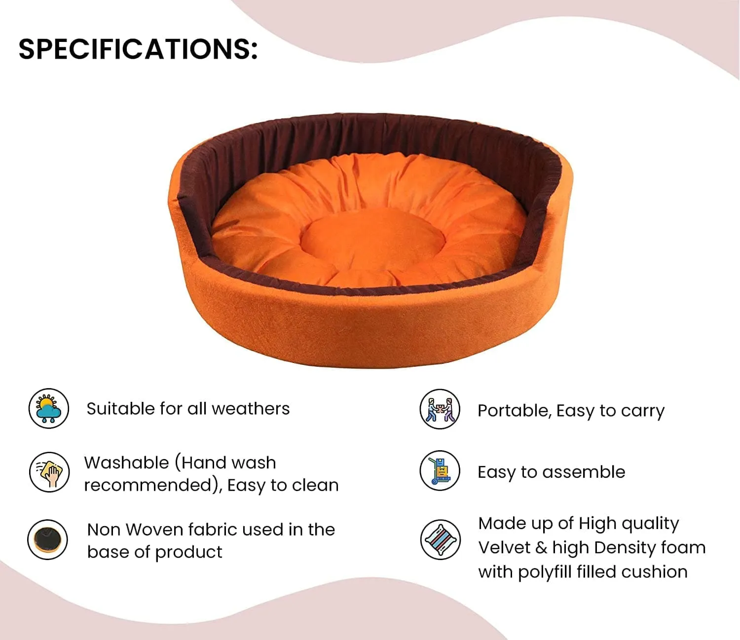 Hiputee Luxurious Round Velvet Dual Colour Bed for Dogs and Cats (Orange & Brown)