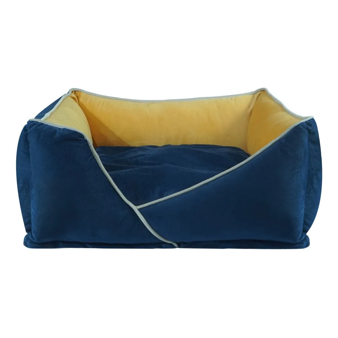 Hiputee Premium Holland Fabric Rectangular Bed for Dogs and Cats (Blue & Yellow)