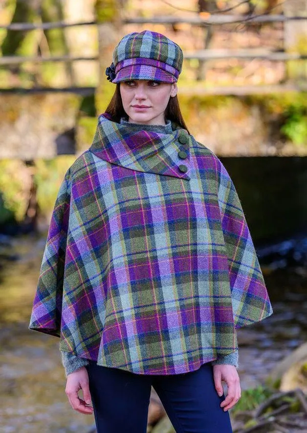 Mucros Irish Poncho | Green Purple Check