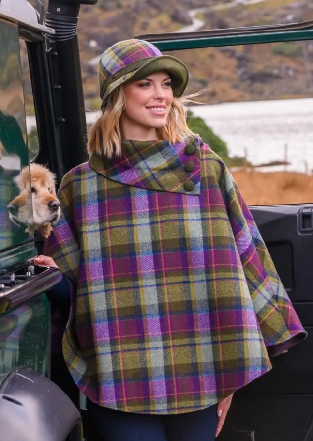 Mucros Irish Poncho | Green Purple Check