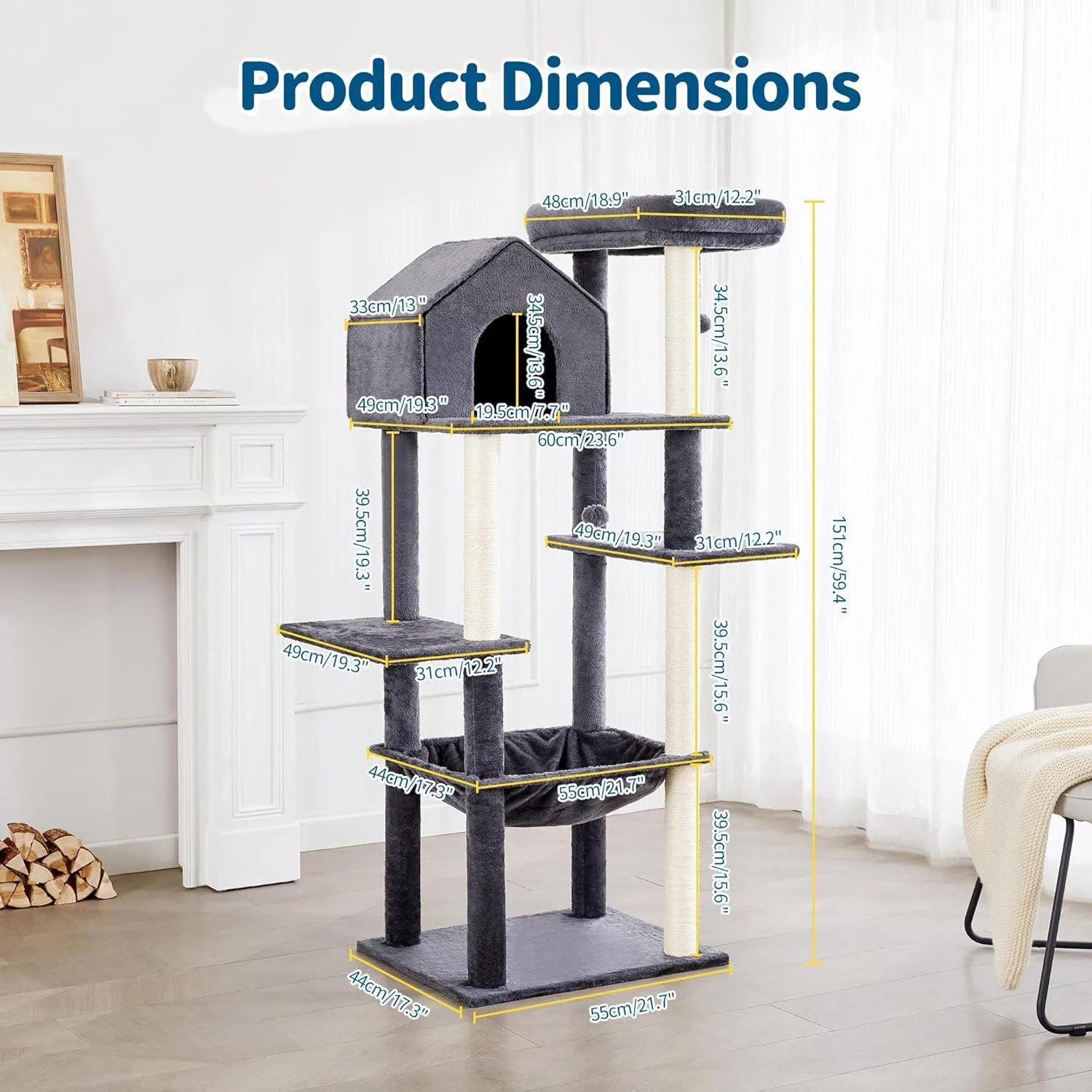 Multi-Level Cat Tree with Plush Hammock for Indoor Cats