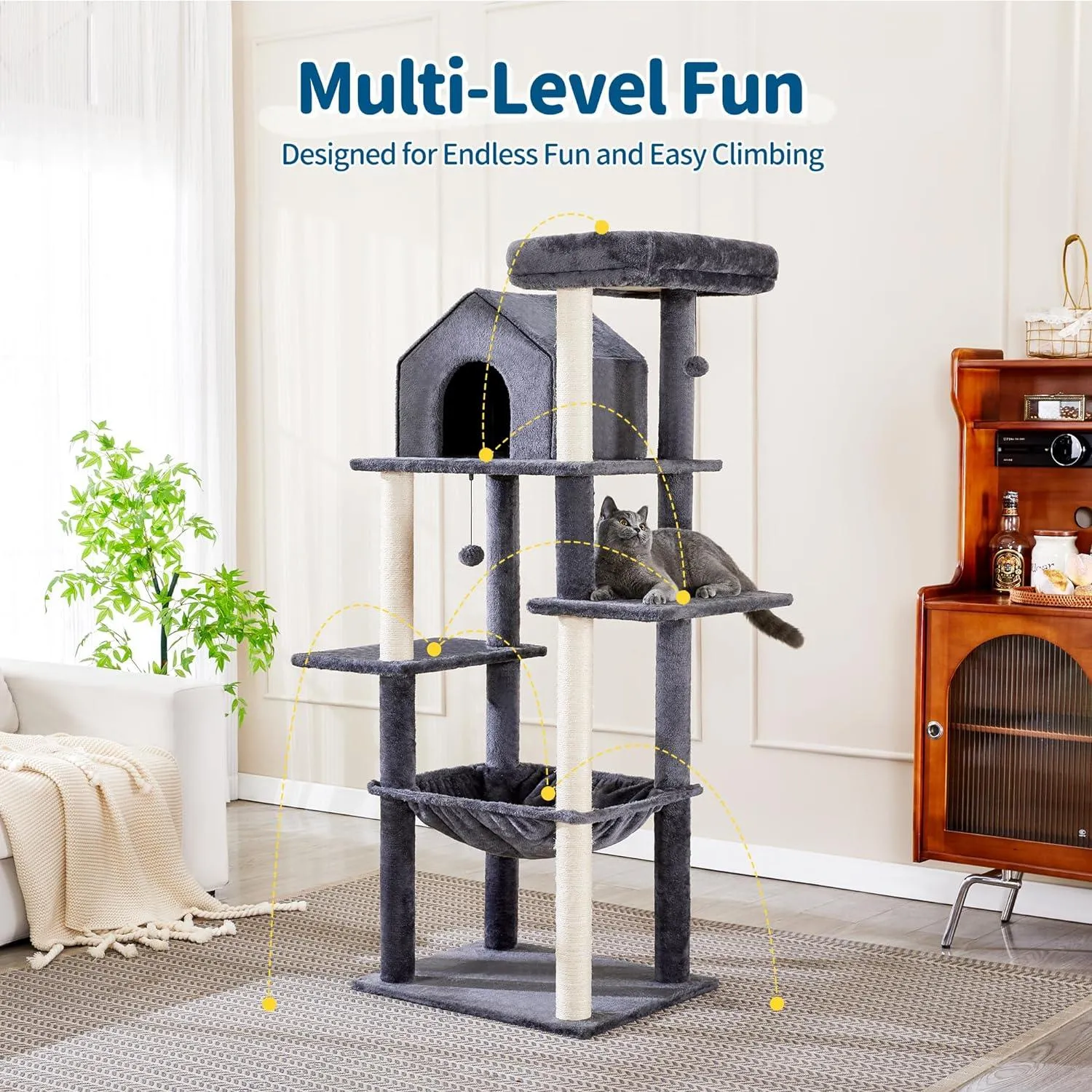 Multi-Level Cat Tree with Plush Hammock for Indoor Cats