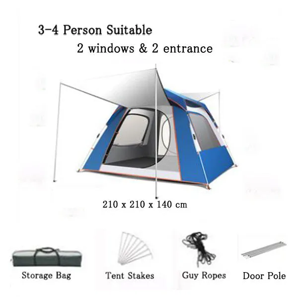 Outdoor Camping Hiking Traveling Lightweight Portable Folding Waterproof and Windproof Automatic Pop Up Family Dual-use External Pergola Tent Shelters 3-4 Person 2 Colours