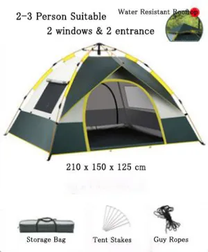 Outdoor Camping Hiking Traveling Lightweight Portable Folding Waterproof and Windproof Automatic Pop Up Family Tent Shelters 2-3 Person 2 Colours