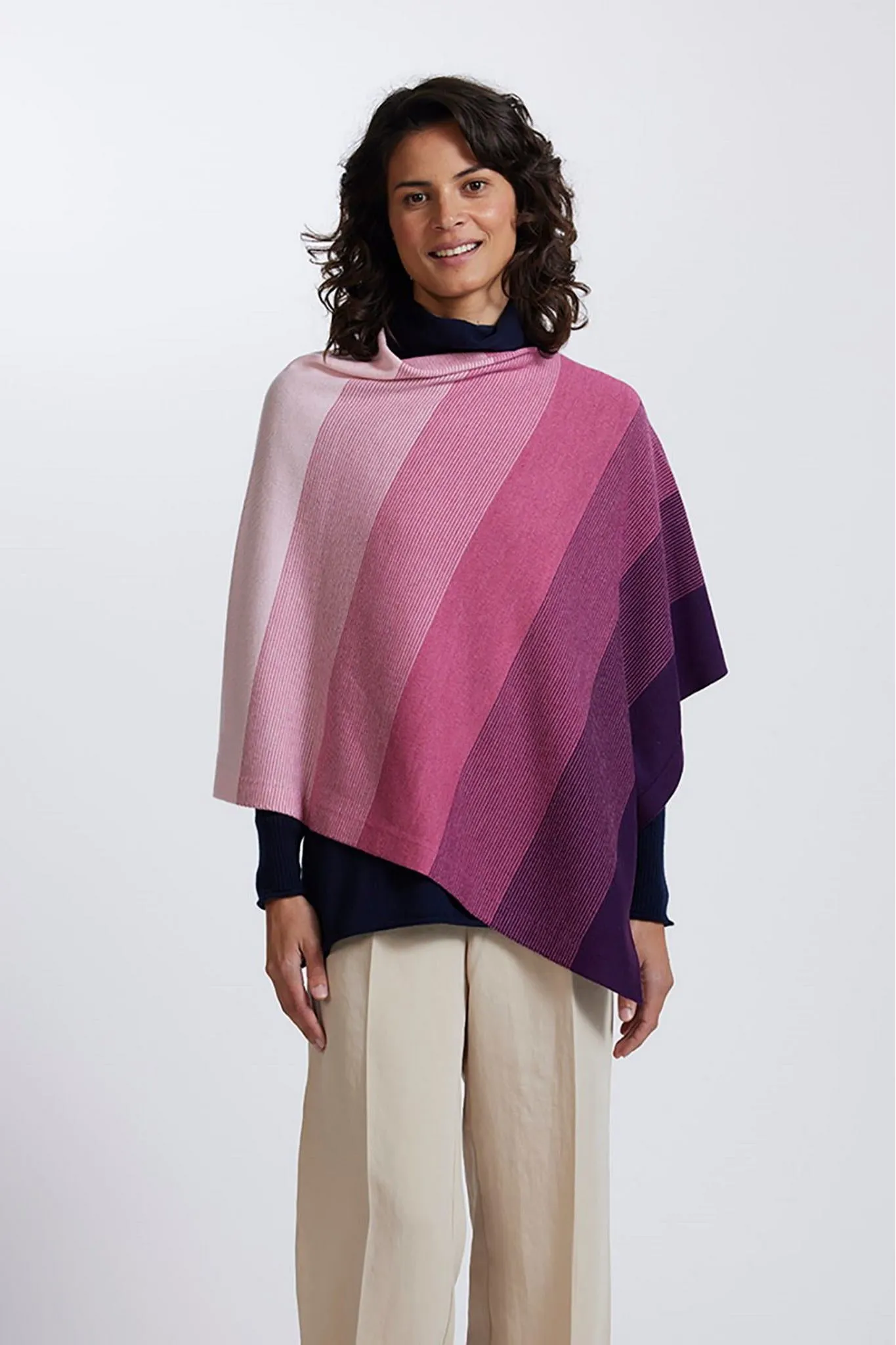 Royal Merino Graduated Stripe Poncho in Carnation