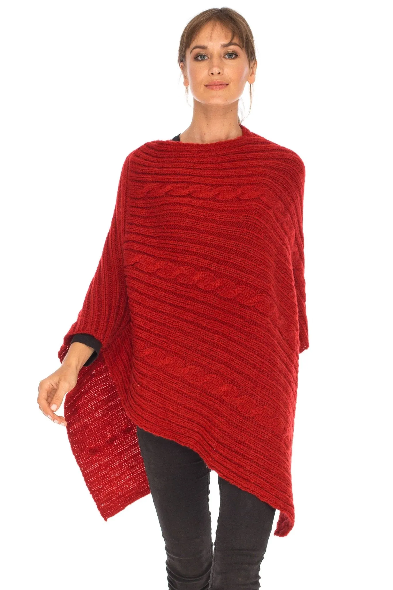 SHU-SHI Women's Boho Cable Knit Poncho Shawl - Soft Pullover Sweater Cape