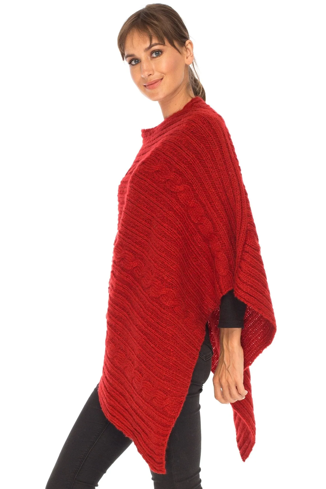 SHU-SHI Women's Boho Cable Knit Poncho Shawl - Soft Pullover Sweater Cape