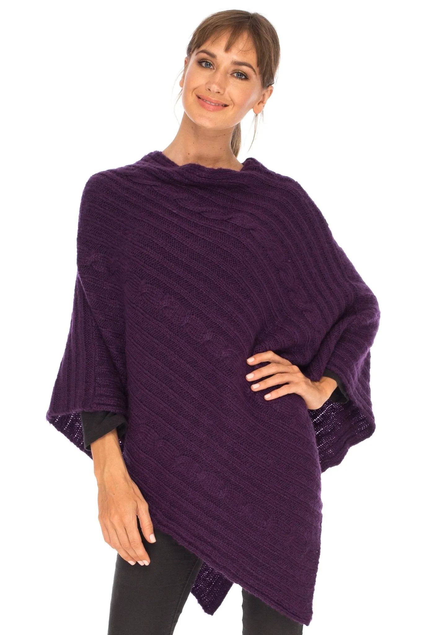 SHU-SHI Women's Boho Cable Knit Poncho Shawl - Soft Pullover Sweater Cape