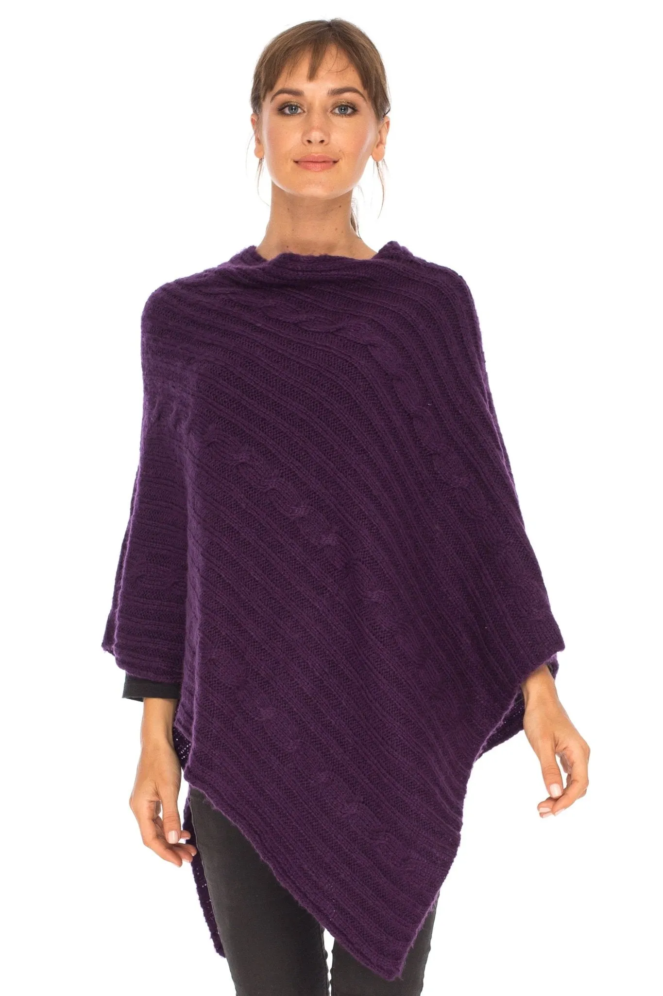 SHU-SHI Women's Boho Cable Knit Poncho Shawl - Soft Pullover Sweater Cape