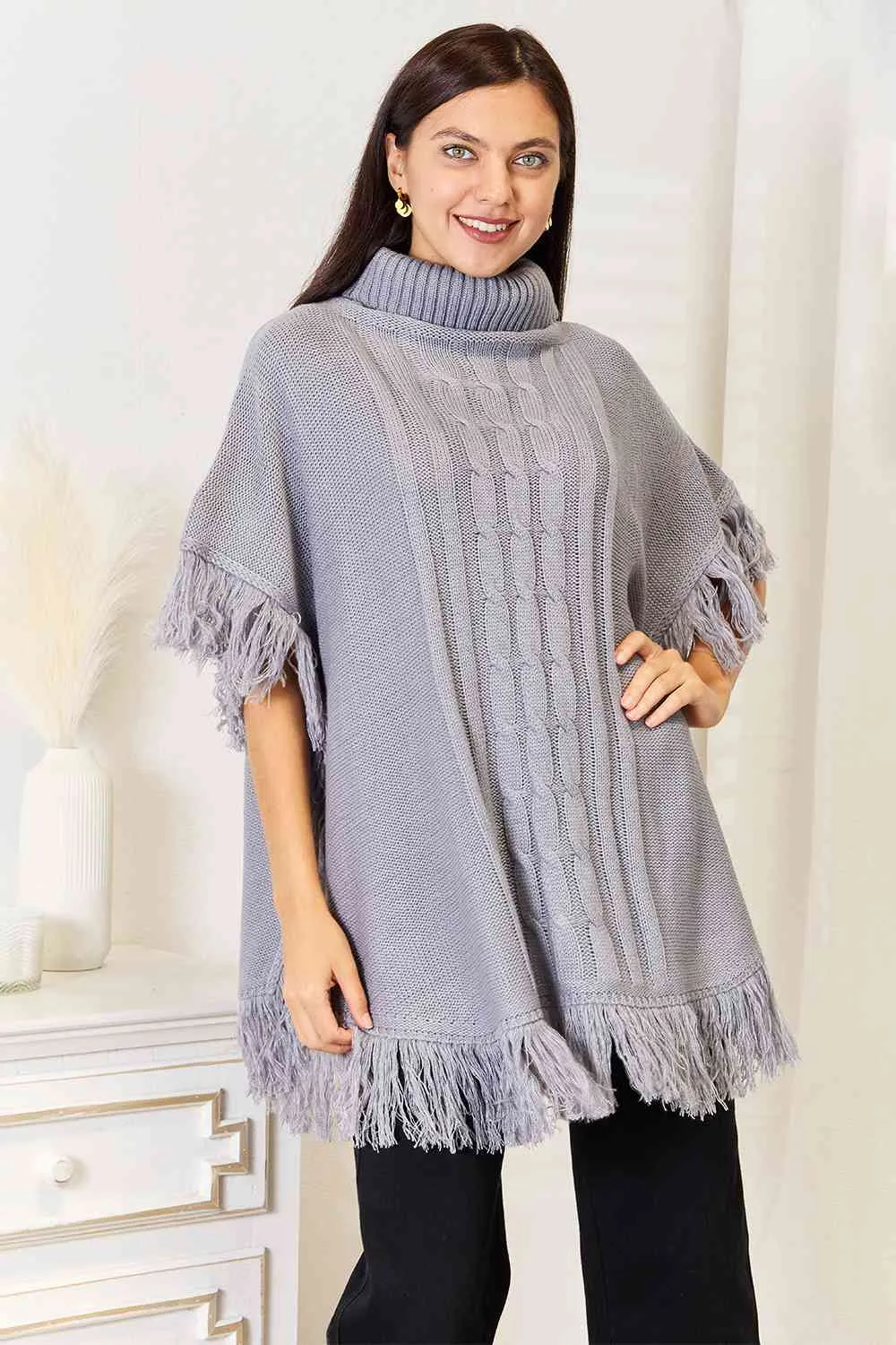 Turtle Neck Fringe Poncho