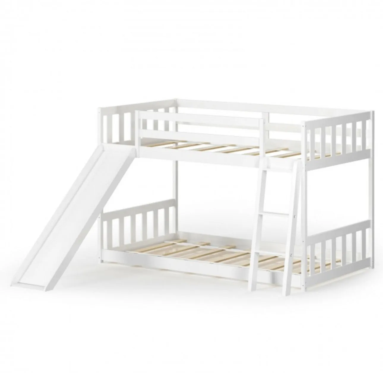 Very Elegant Heavy Duty Natural Pine Wood Twin Over Twin Bunk Bed Wooden Low Bed With Side Ladder For Children | Cool Slide